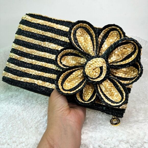 MudPie Clutch Flower Handbag Natural Woven Wheat Straw black Gold Accent Stripes - Picture 16 of 16